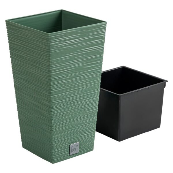 Macetero color verde tierra, con depósito, colección FURU, de 29,5 x 29,5 x 55 cm, capacidad de 14 L. - Imagen 3