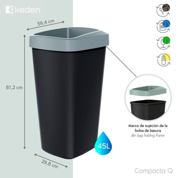 Cubo de reciclaje 45L KEDEN en plástico con práctica tapa abierta color amarillo. - Imagen 2