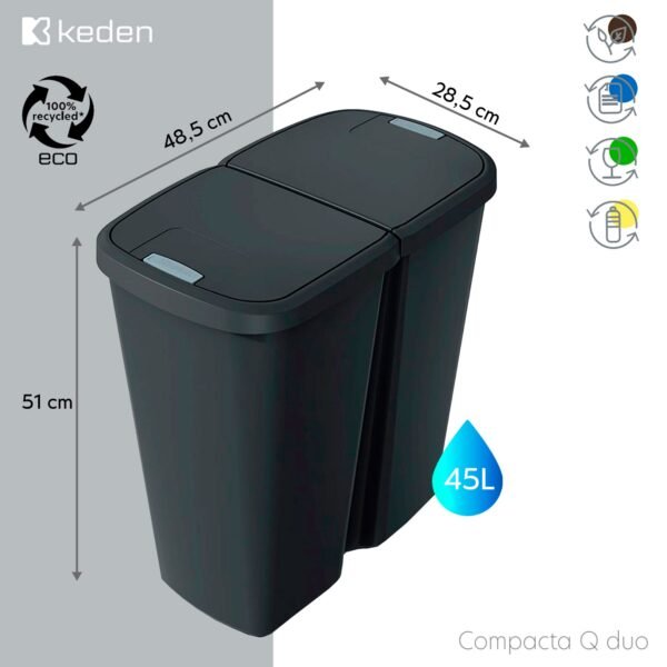 Papelera con 2 tapas independientes color negro KEDEN de 45L. - Imagen 2