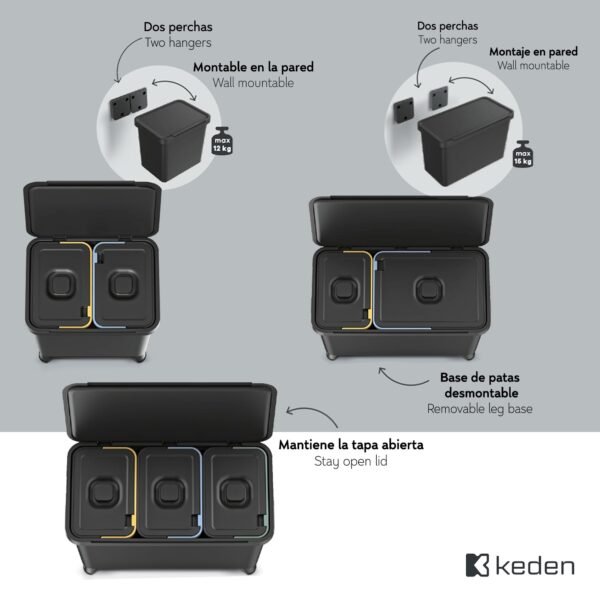 Sistema de clasificación de reciclaje 3 x 10 Litros KEDEN - Imagen 3