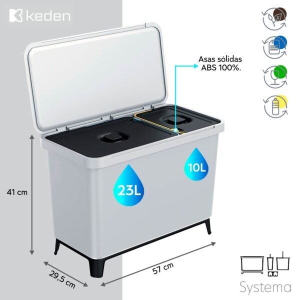 Sistema clasificador de reciclaje 1x10L + 1x23L  color blanco KEDEN - Imagen 2
