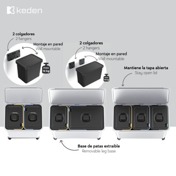Sistema clasificador de reciclaje 1x10L + 1x23L  color gris KEDEN - Imagen 3
