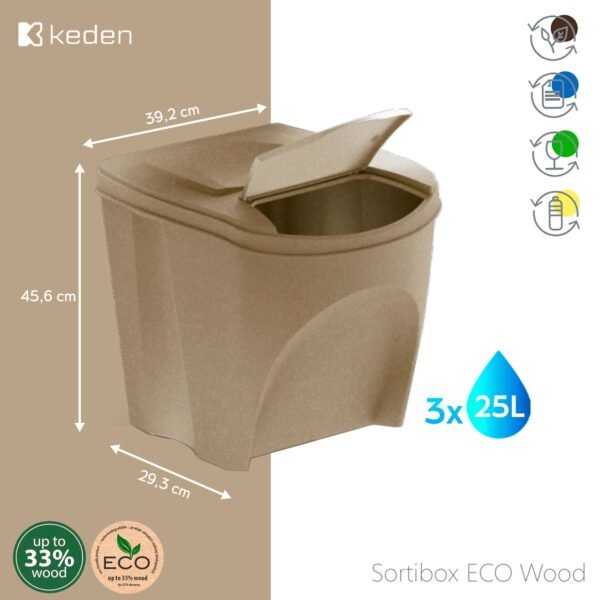 Set de 3 cubos de basura KEDEN SORTIBOX papelera reciclaje, marrón ECO, volumen 3x25L - Imagen 2