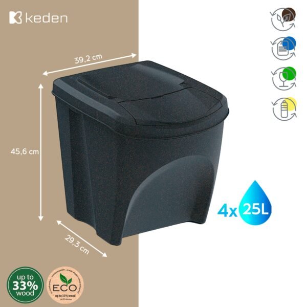Set de 4 cubos de basura KEDEN SORTIBOX papelera reciclaje, antracita ECO, volumen 4x25L - Imagen 2