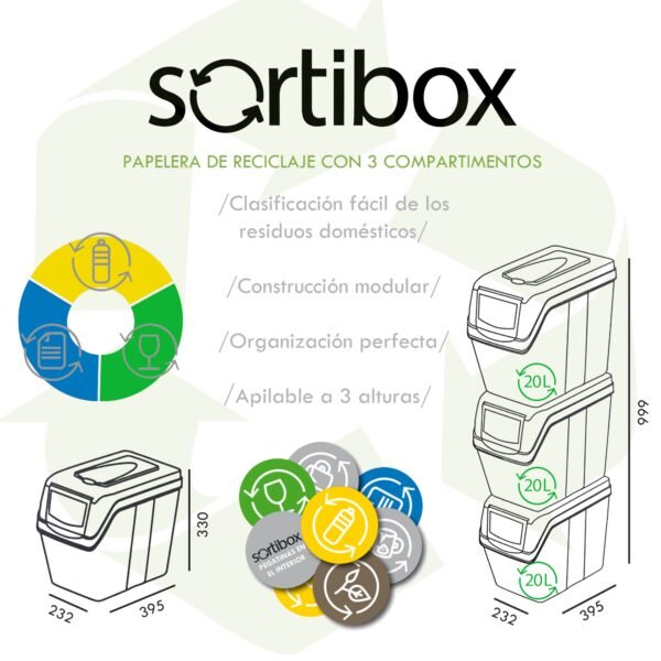 Set de 3 cubos de basura KEDEN SORTIBOX para reciclado, gris, volumen 3x20L - Imagen 4