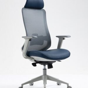 Sillón de oficina ARANJUEZ, alto, gris, ergonómico, multifunción, malla y asiento azul