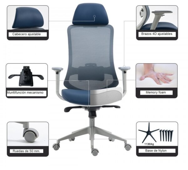 Sillón de oficina ARANJUEZ, alto, gris, ergonómico, multifunción, malla y asiento azul - Imagen 8