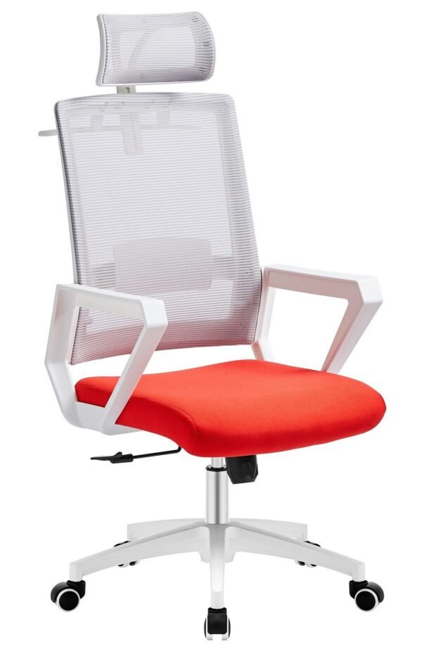 Sillón de oficina ASTON, blanco, malla gris, tejido rojo