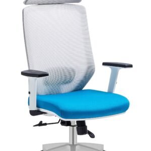 Sillón de oficina CLAYTON, blanco, malla gris, tejido azul claro