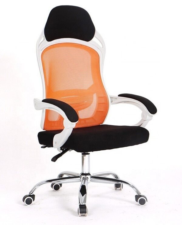 Sillón de oficina LINZ, blanco, alto, gas, sincro, malla naranja, tejido negro