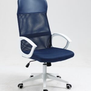 Sillón de oficina VERTON, blanco, malla y asiento azul oscuro