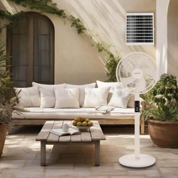 Kit ventilador de pie y panel solar Sanluri con mando Ø39cm 15W motor DC Blanco - Imagen 2