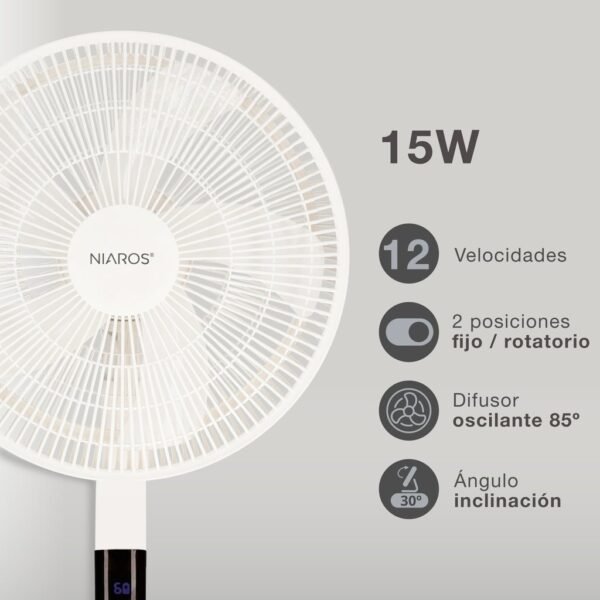 Kit ventilador de pie y panel solar Sanluri con mando Ø39cm 15W motor DC Blanco - Imagen 3
