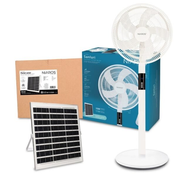 Kit ventilador de pie y panel solar Sanluri con mando Ø39cm 15W motor DC Blanco - Imagen 5