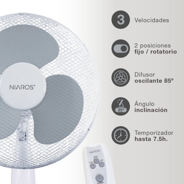 Ventilador de pie Riesi con mando y temporizador Ø43cm 45W Blanco - Imagen 3