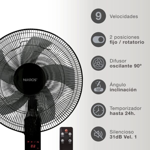 Ventilador de pie Tehri con mando y temporizador Ø43cm 30W motor DC Negro - Imagen 2
