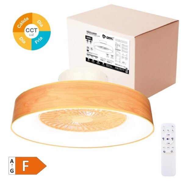 Ventilador techo Box Fan Niskot con luz CCT regulable y mando Ø57 Efecto madera - Imagen 2