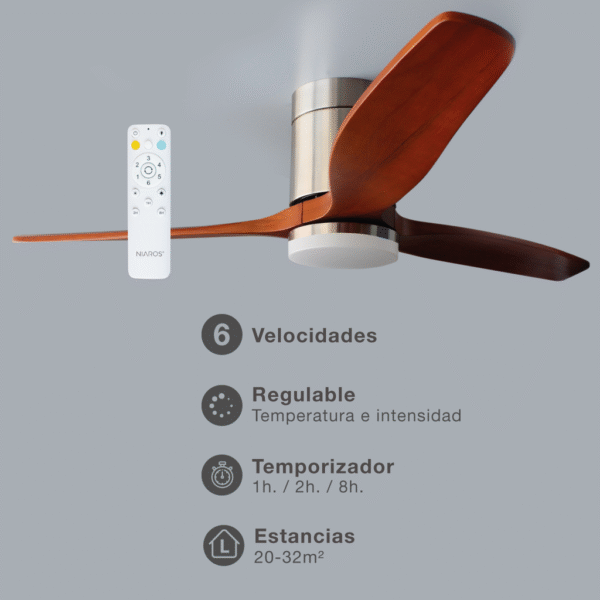 Ventilador techo Kasama con luz CCT regulable y mando Ø132 3 aspas DC Níquel - Imagen 11