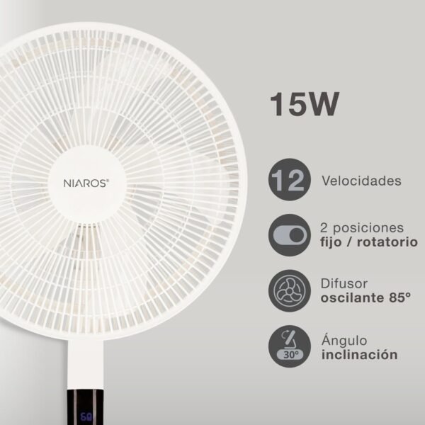 Ventilador portátil de pie Sanluri con mando Ø39cm 15W motor DC Blanco - Imagen 3