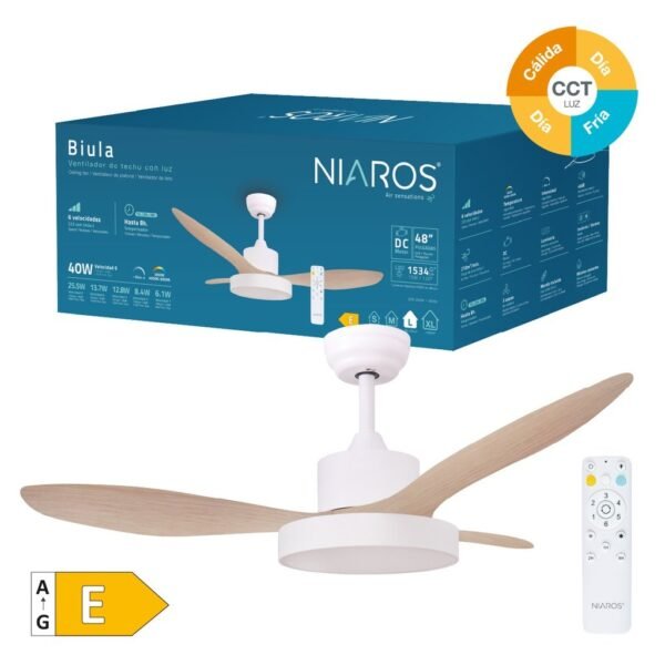 Ventilador techo Biula con luz CCT regulable y mando Ø122 3 aspas DC Blanco - Imagen 2