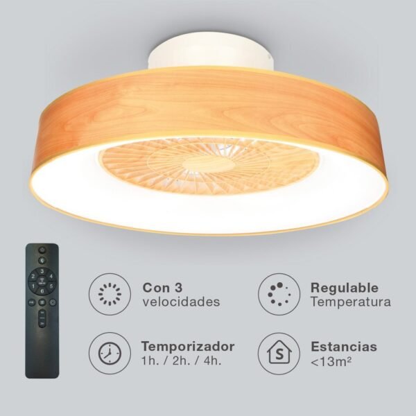 Ventilador techo Box Fan Niskot con luz CCT regulable y mando Ø57 Efecto madera - Imagen 3