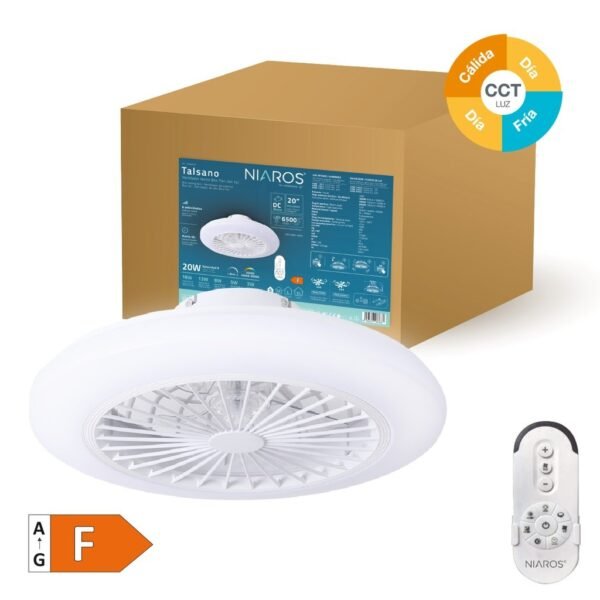 Ventilador techo Box Fan Talsano con luz CCT regulable y mando Ø50 8 aspas DC Blanco - Imagen 2