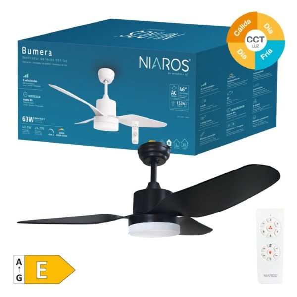 Ventilador techo Bumera con luz CCT regulable y mando Ø116 3 aspas Negro - Imagen 2