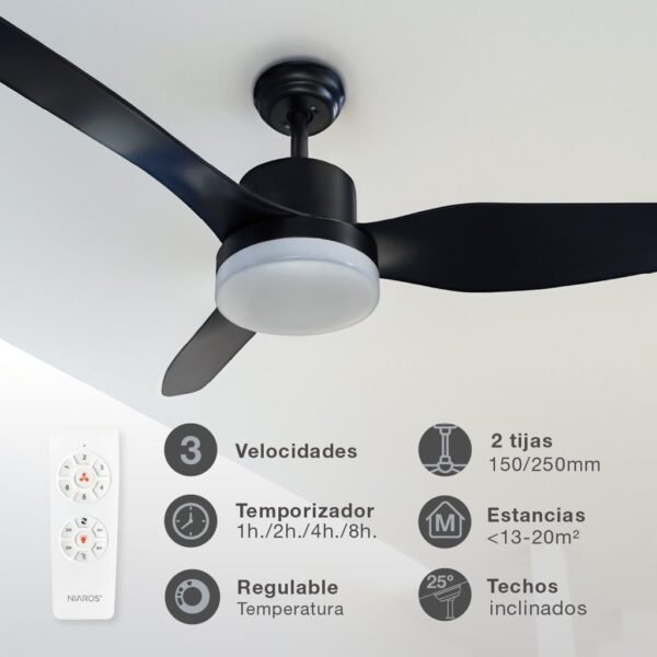 Ventilador techo Bumera con luz CCT regulable y mando Ø116 3 aspas Negro - Imagen 3
