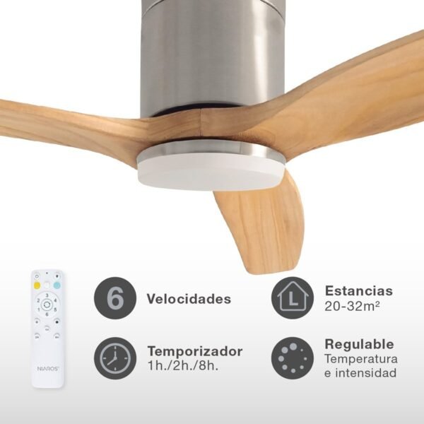 Ventilador techo Kasama con luz CCT regulable y mando Ø132 3 aspas DC Níquel - Imagen 2
