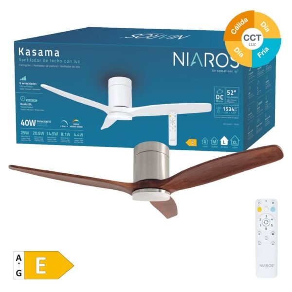 Ventilador techo Kasama con luz CCT regulable y mando Ø132 3 aspas DC Níquel - Imagen 12