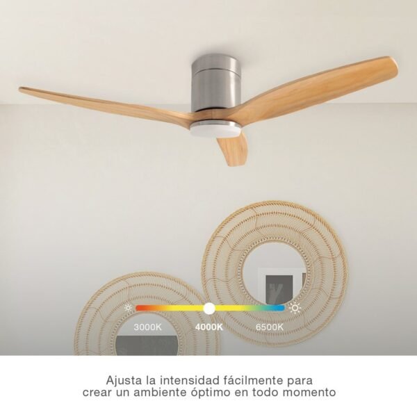 Ventilador techo Kasama con luz CCT regulable y mando Ø132 3 aspas DC Níquel - Imagen 3