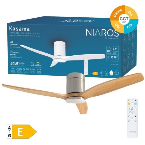 Ventilador techo Kasama con luz CCT regulable y mando Ø132 3 aspas DC Níquel - Imagen 9