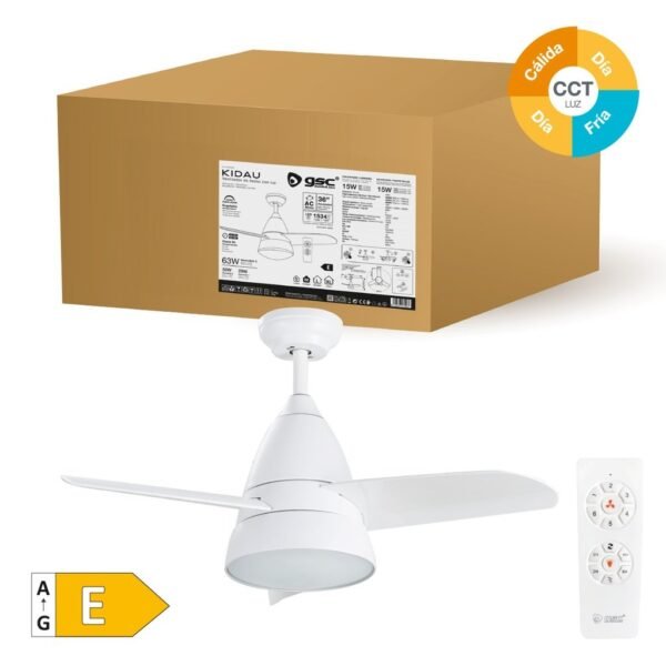 Ventilador techo Kidau con luz CCT regulable y mando Ø93 3 aspas Blanco - Imagen 2