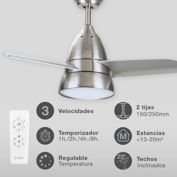 Ventilador techo Kidau con luz CCT regulable y mando Ø93 3 aspas Níquel - Imagen 3