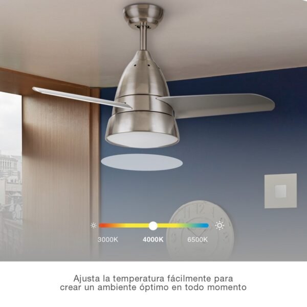 Ventilador techo Kidau con luz CCT regulable y mando Ø93 3 aspas Níquel - Imagen 4