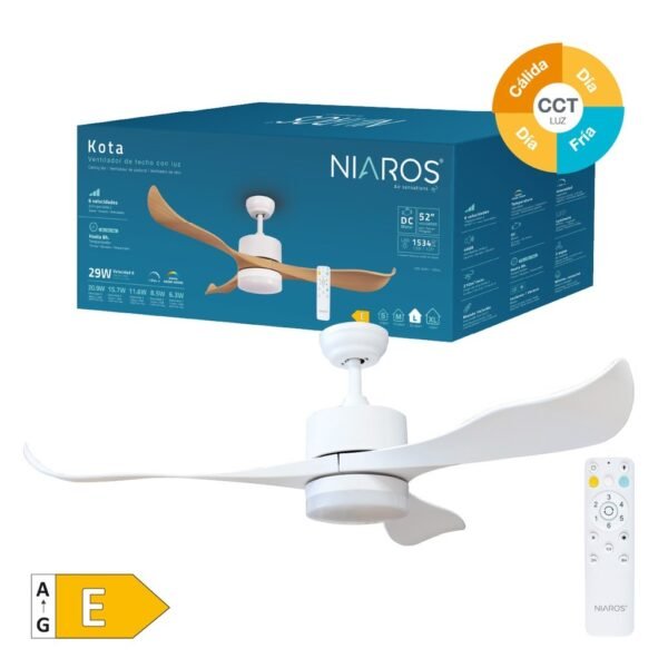 Ventilador techo Kota con luz CCT regulable y mando Ø132 3 aspas DC Blanco - Imagen 2
