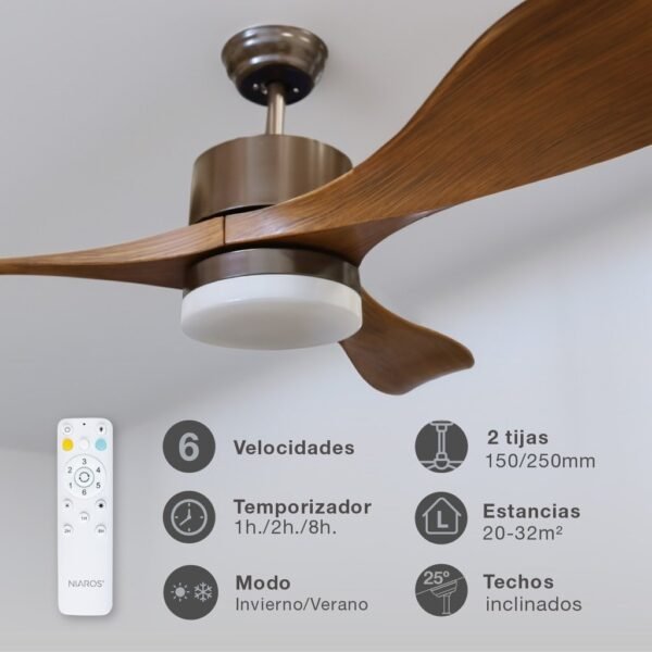 Ventilador techo Kota con luz CCT regulable y mando Ø132 3 aspas DC Café - Imagen 3