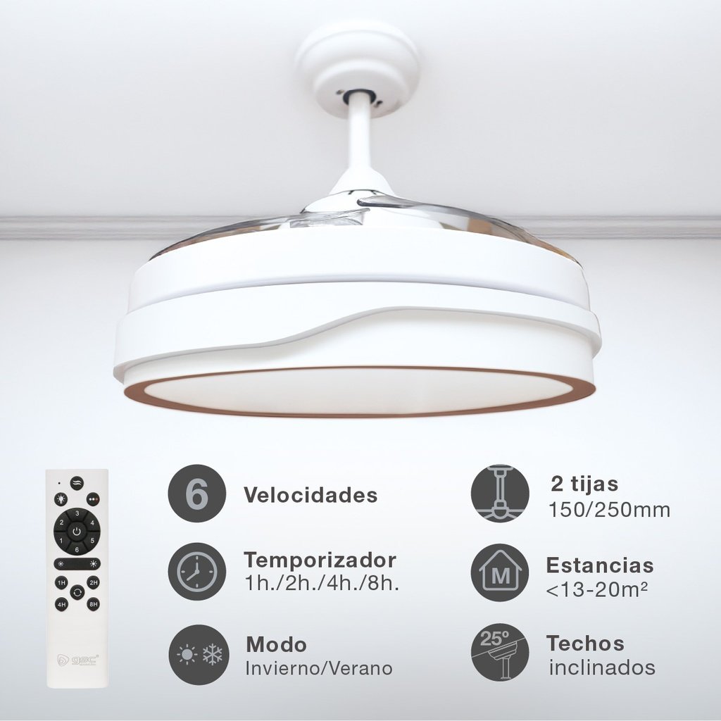Ventilador techo Lentini con luz CCT regulable y mando Ø107 3 aspas retráctiles DC Blanco - Imagen 2