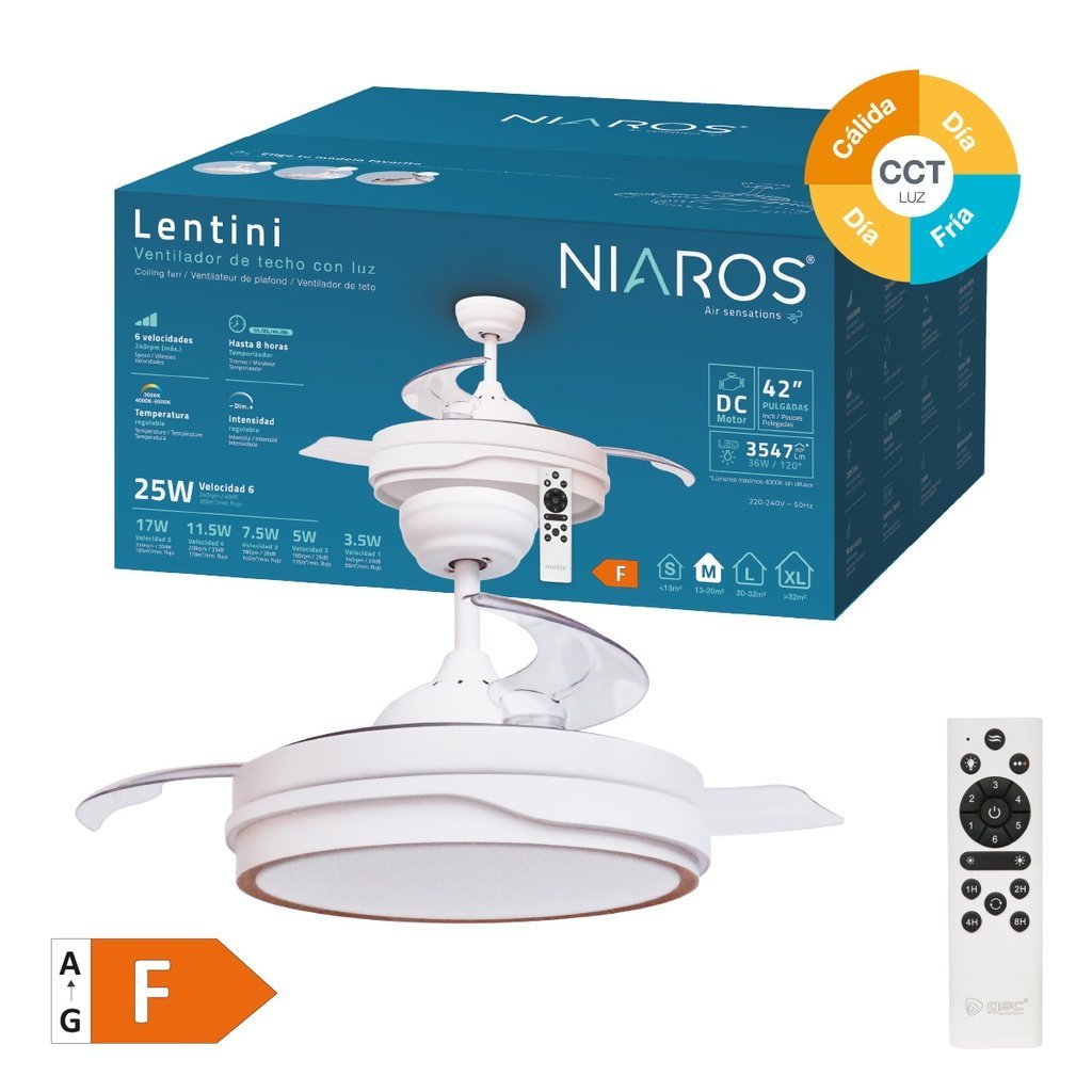 Ventilador techo Lentini con luz CCT regulable y mando Ø107 3 aspas retráctiles DC Blanco - Imagen 10