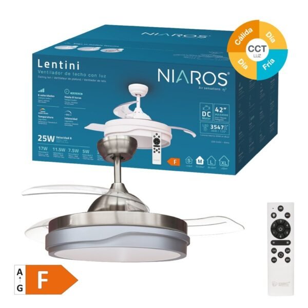 Ventilador techo Lentini con luz CCT regulable y mando Ø107 3 aspas retráctiles DC Níquel - Imagen 2