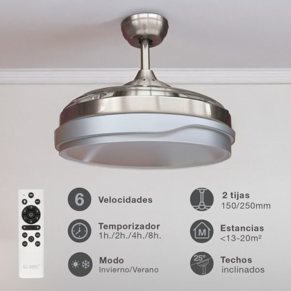 Ventilador techo Lentini con luz CCT regulable y mando Ø107 3 aspas retráctiles DC Níquel - Imagen 3
