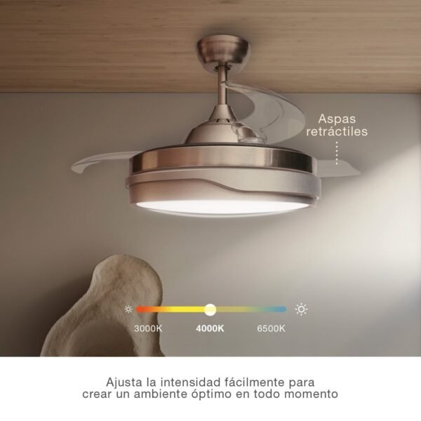 Ventilador techo Lentini con luz CCT regulable y mando Ø107 3 aspas retráctiles DC Níquel - Imagen 4