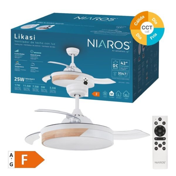 Ventilador techo Likasi con luz CCT regulable y mando Ø107 3 aspas retráctiles DC Blanco - Imagen 2