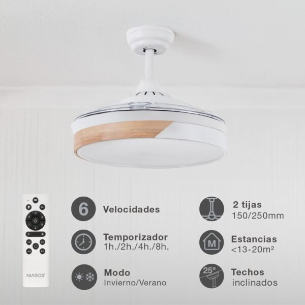 Ventilador techo Likasi con luz CCT regulable y mando Ø107 3 aspas retráctiles DC Blanco - Imagen 3