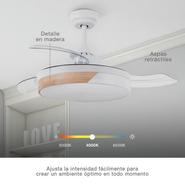 Ventilador techo Likasi con luz CCT regulable y mando Ø107 3 aspas retráctiles DC Blanco - Imagen 4