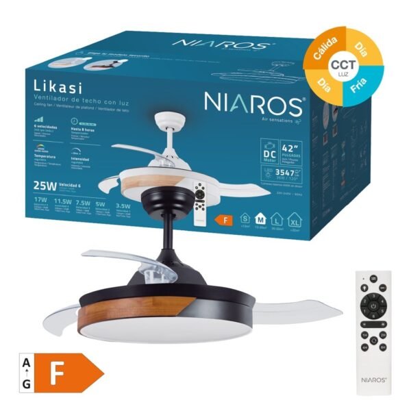 Ventilador techo Likasi con luz CCT regulable y mando Ø107 3 aspas retráctiles DC Negro - Imagen 2