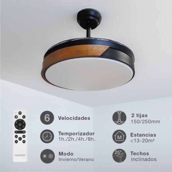 Ventilador techo Likasi con luz CCT regulable y mando Ø107 3 aspas retráctiles DC Negro - Imagen 3
