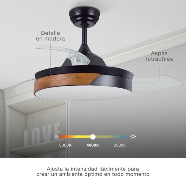 Ventilador techo Likasi con luz CCT regulable y mando Ø107 3 aspas retráctiles DC Negro - Imagen 4