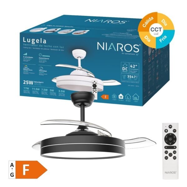 Ventilador techo Lugela con luz CCT regulable y mando Ø107 3 aspas retráctiless DC Negro - Imagen 2