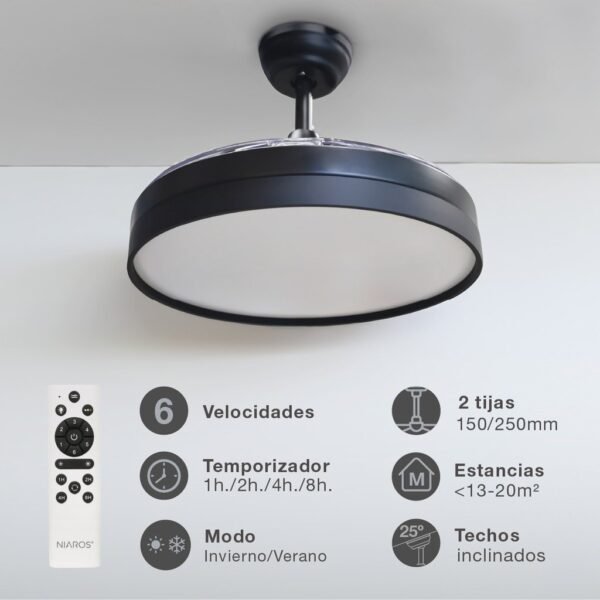 Ventilador techo Lugela con luz CCT regulable y mando Ø107 3 aspas retráctiless DC Negro - Imagen 3